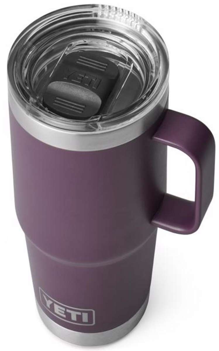 Yeti Rambler 20 oz. Travel Mug - A stainless steel travel mug with a clear lid and a handle on the right side.