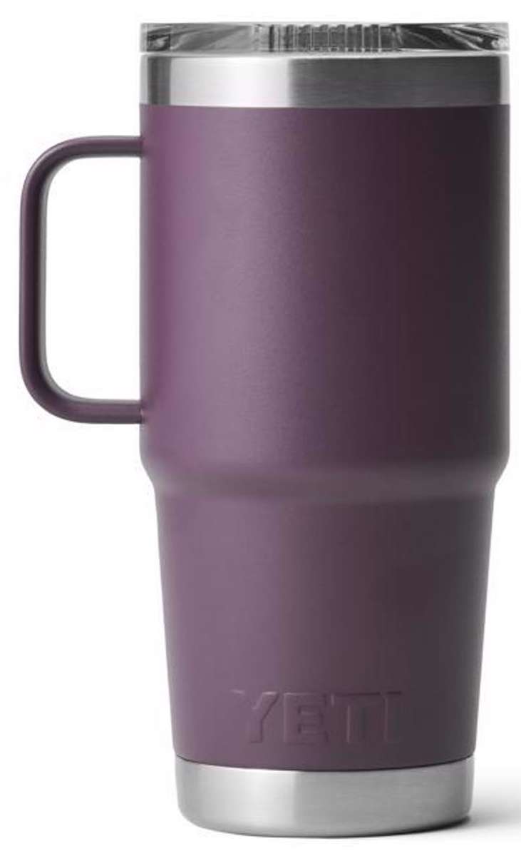 Yeti Rambler 20 oz. Travel Mug - A stainless steel travel mug with a clear lid and handle on the left side.