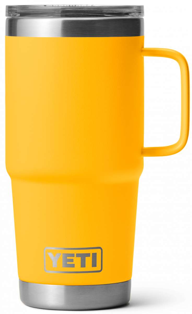 Yeti Rambler 20 oz. Travel Mug - A stainless steel travel mug with a clear lid and white lettering on the side.