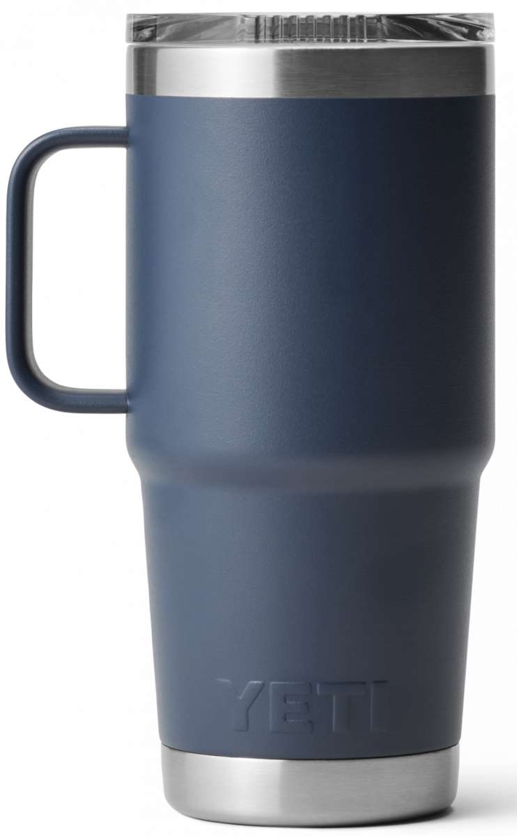 Yeti Rambler 20 oz. Travel Mug - A stainless steel travel mug with a clear lid and handle on the left side.