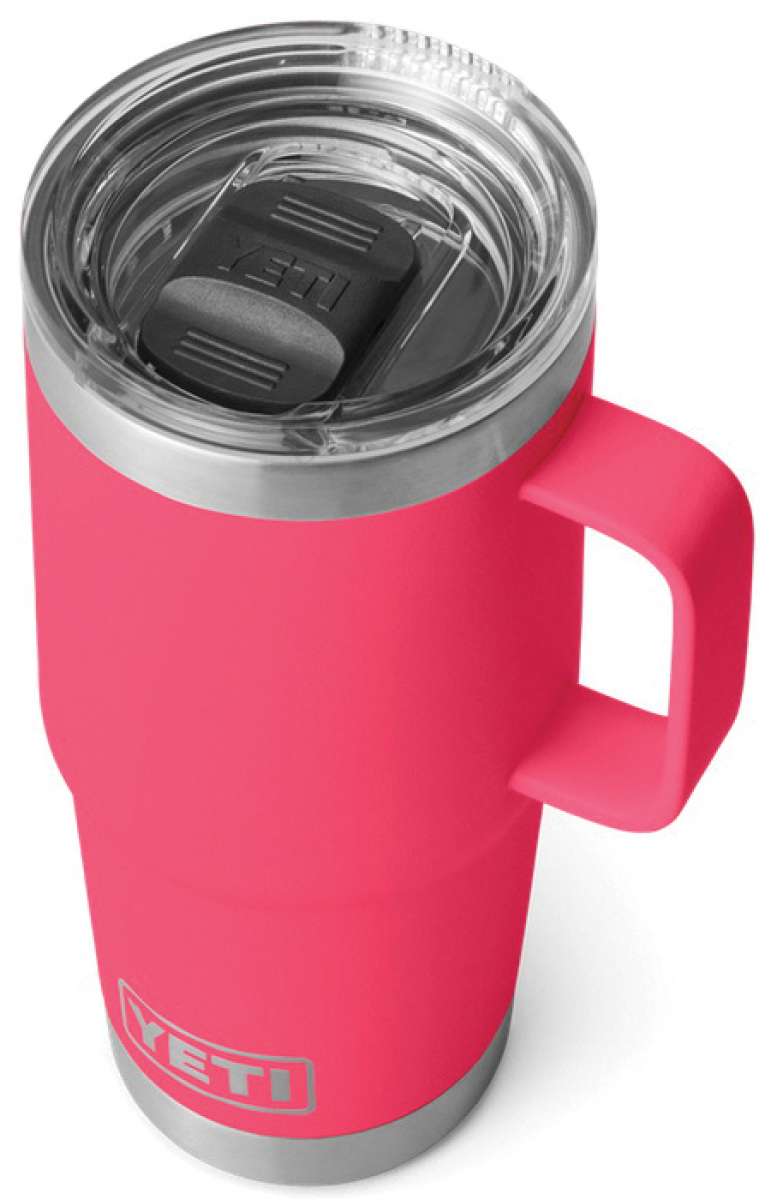 Yeti Rambler 20 oz. Travel Mug - A stainless steel travel mug with a clear lid and a handle on the side.