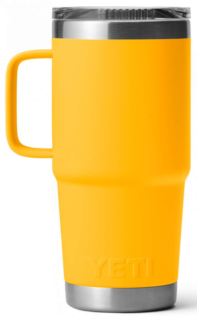 Yeti Rambler 20 oz. Travel Mug - A stainless steel travel mug with a clear lid and a handle on the side.