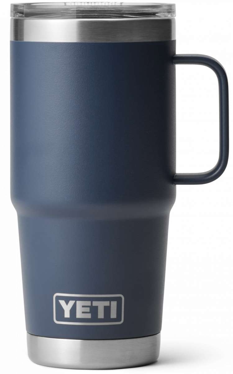 Yeti Rambler 20 oz. Travel Mug - A stainless steel travel mug with a clear lid and a handle on the right side.