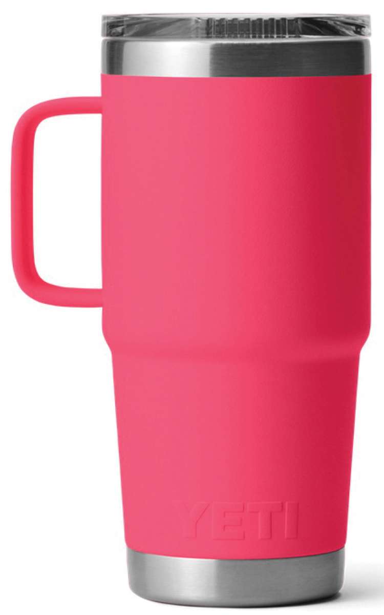 Yeti Rambler 20 oz. Travel Mug - A stainless steel travel mug with a clear lid and a handle on the side.