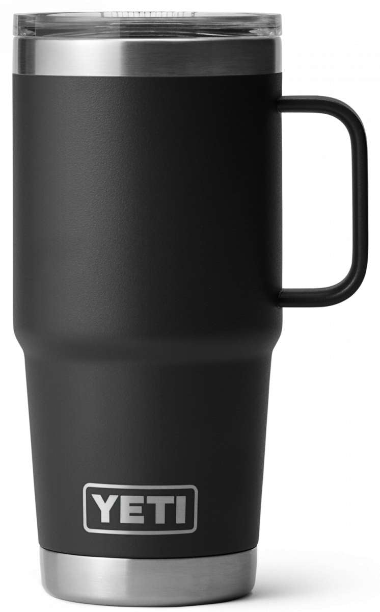 Yeti Rambler 20 oz. Travel Mug - A stainless steel travel mug with a clear lid and a handle on the right side.