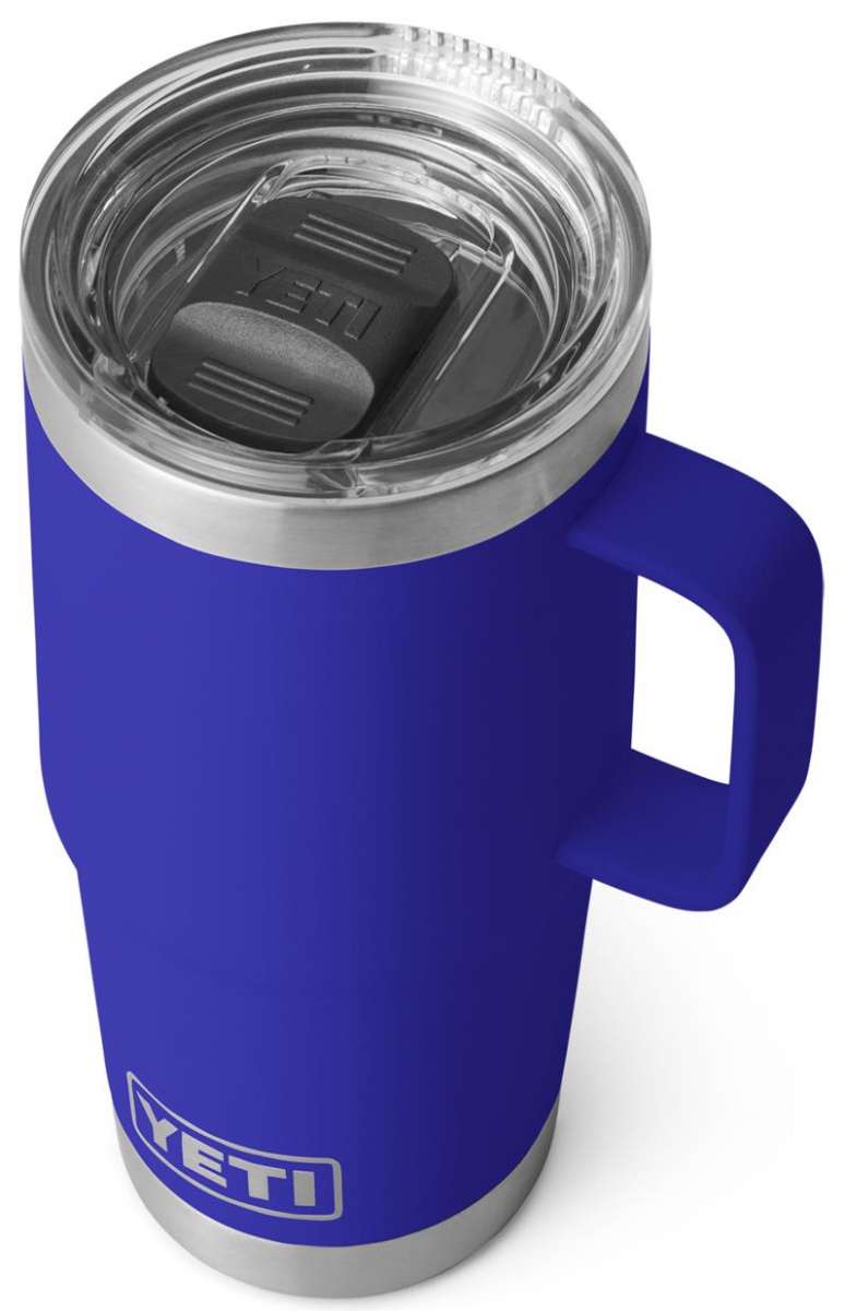 Yeti Rambler 20 oz. Travel Mug - A stainless steel travel mug with a clear lid and a white logo on the side.