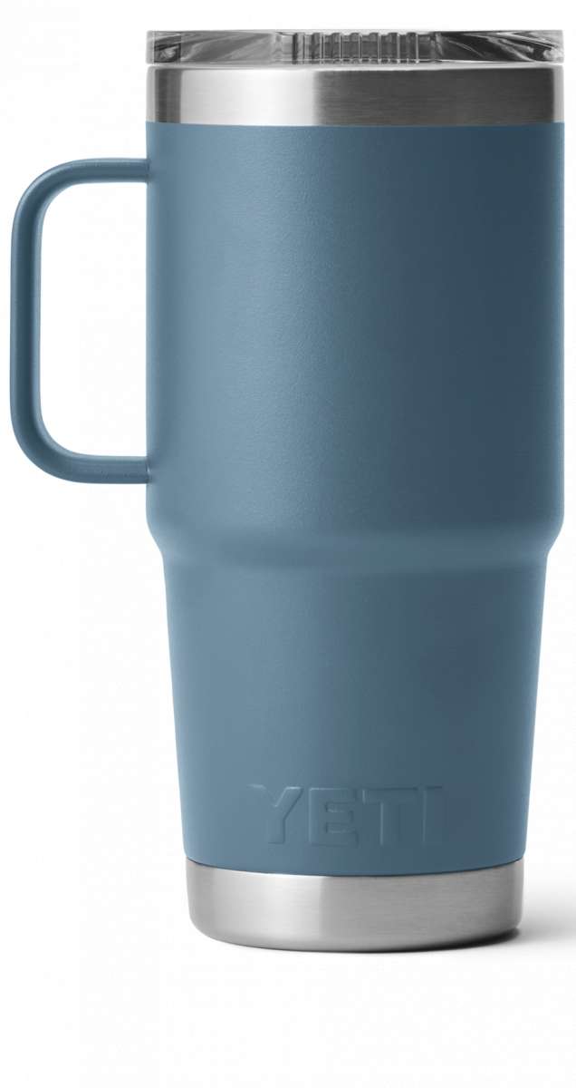 Yeti Rambler 20 oz. Travel Mug - A stainless steel travel mug with a clear lid and handle on the left side.