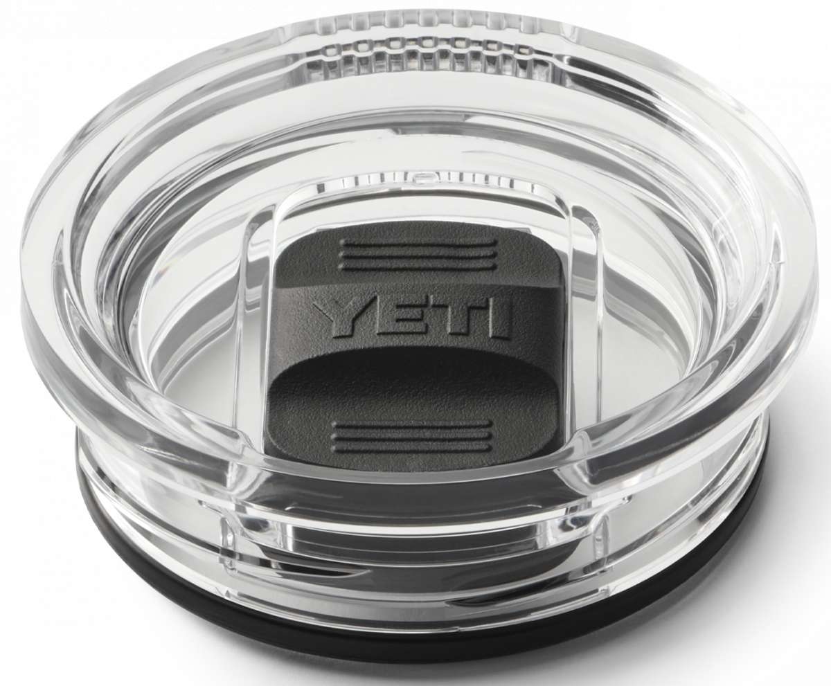 Yeti Rambler 20 oz. Travel Mug - A clear plastic travel mug with a black lid and embossed "YETI" logo on top.