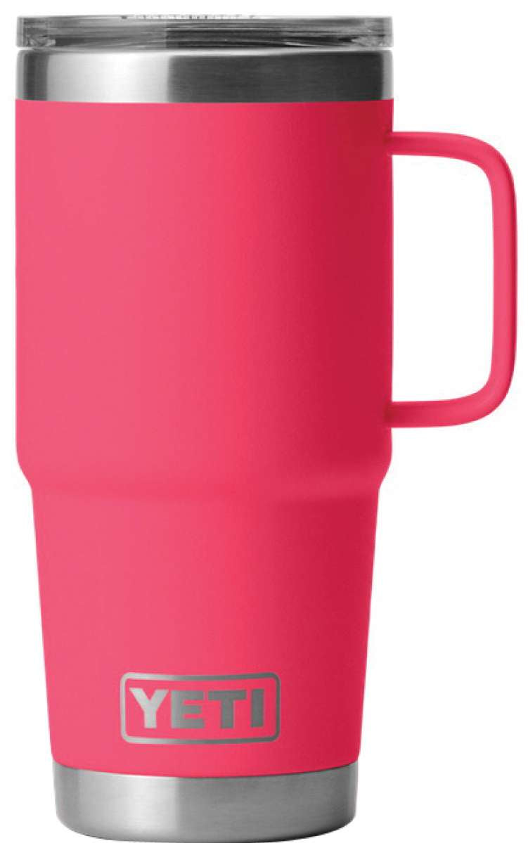 Yeti Rambler 20 oz. Travel Mug - A stainless steel travel mug with a clear lid and a handle on the right side.