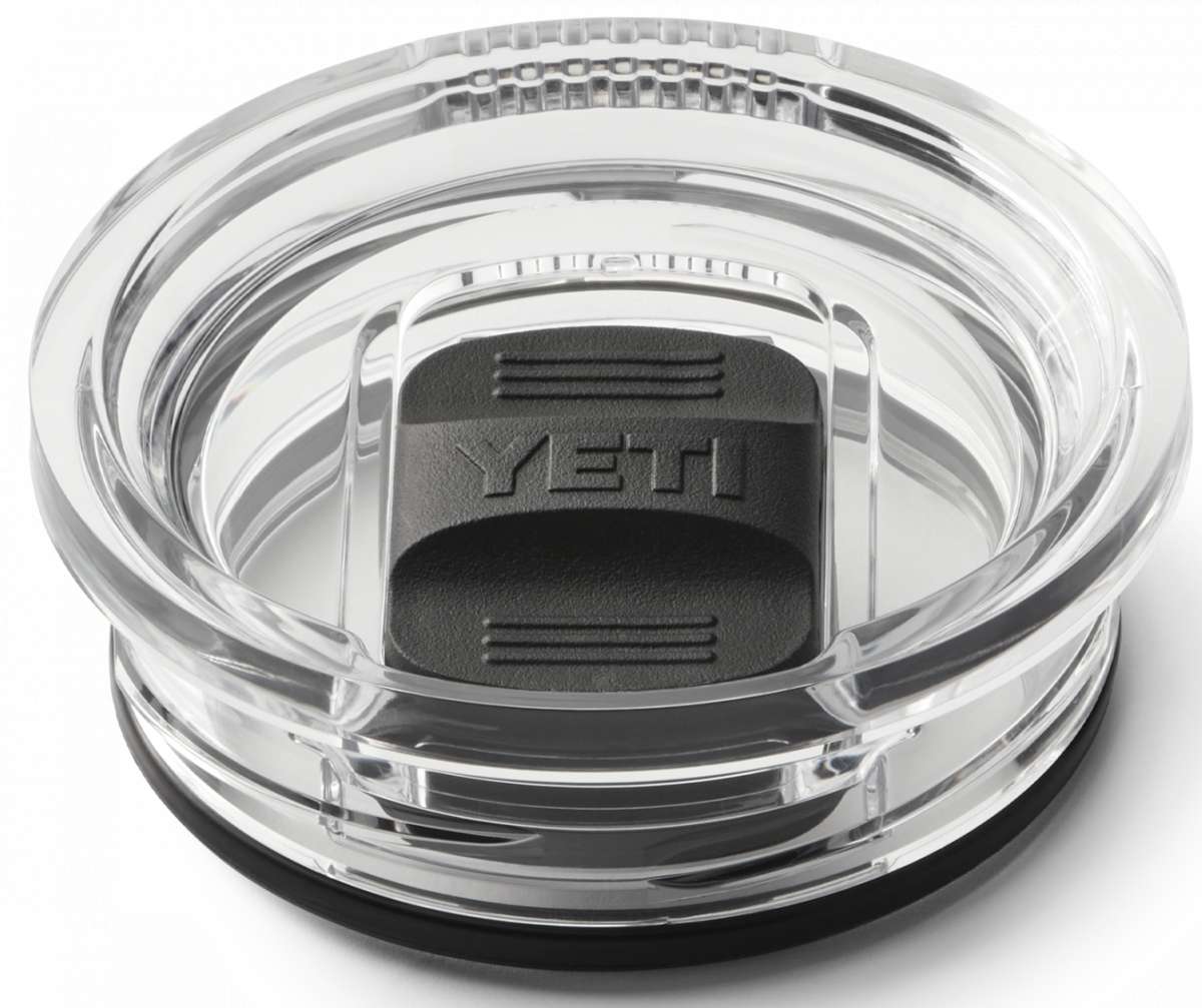 Yeti Rambler 20 oz. Travel Mug - A clear plastic travel mug with a black lid and embossed "YETI" logo on top.