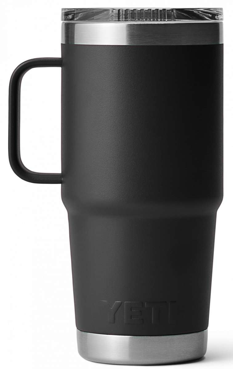 Yeti Rambler 20 oz. Travel Mug - A stainless steel travel mug with a clear lid and handle on the left side.