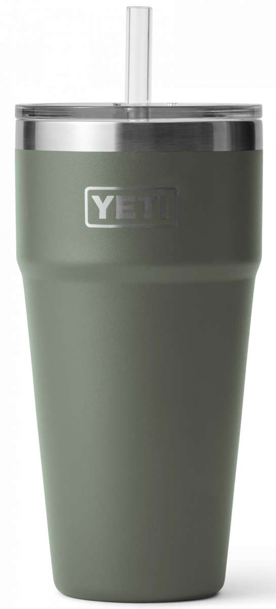 Yeti Rambler 26 oz. Straw Cup - A stainless steel tumbler with a clear plastic straw and lid, featuring a brushed finish.