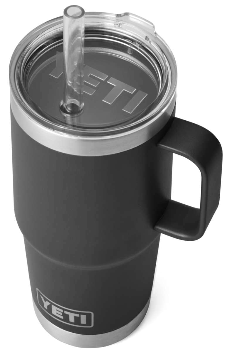 Yeti Rambler 25 oz. Straw Mug - A dark-colored, insulated tumbler with a clear plastic straw protruding from its lid.