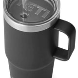 Yeti Rambler 25 oz. Straw Mug - A dark-colored, insulated tumbler with a clear plastic straw protruding from its lid.