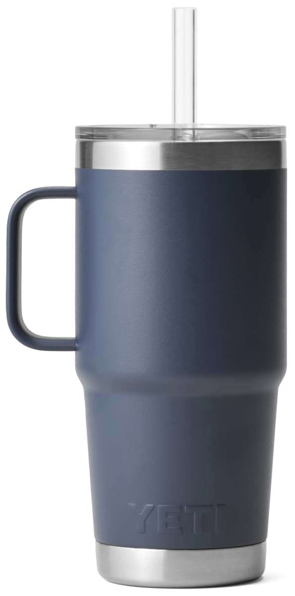 Yeti Rambler 25 oz. Straw Mug - A dark-colored, insulated tumbler with a built-in straw and lid.
