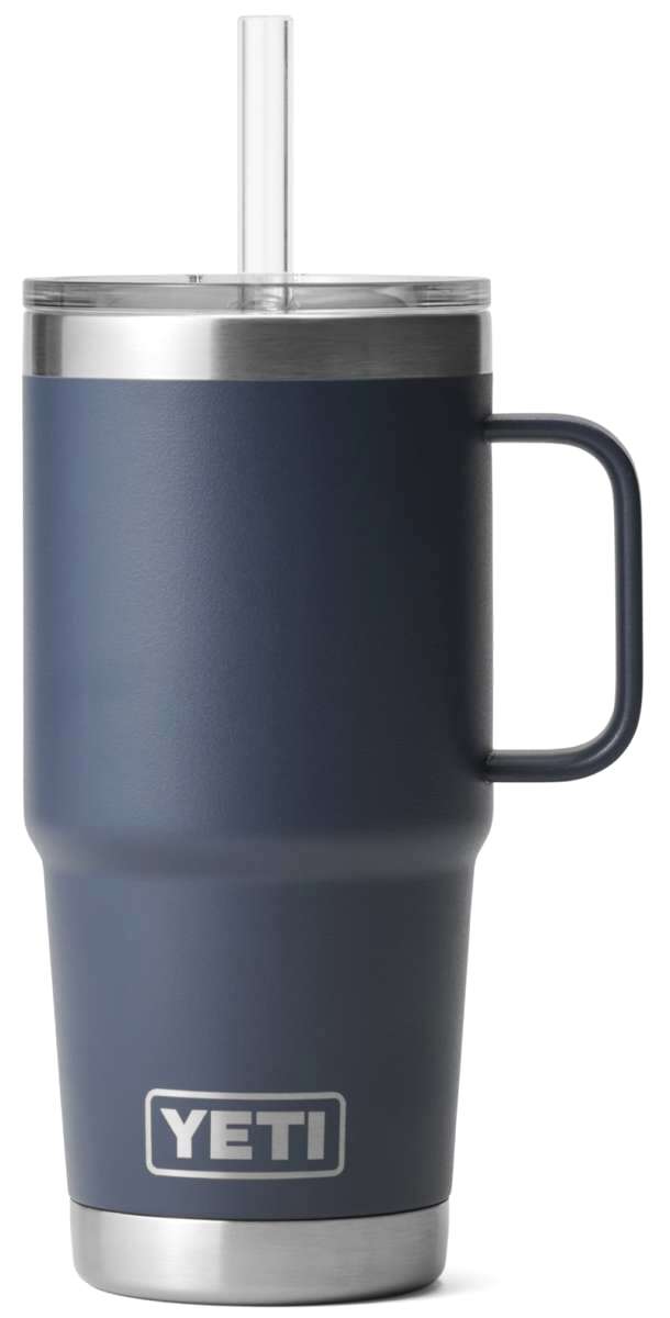 Yeti Rambler 25 oz. Straw Mug - A stainless steel tumbler with a clear plastic straw and lid, featuring a brushed metal finish.