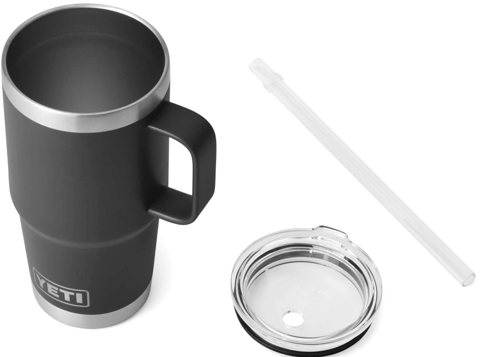 Yeti Rambler - 25 oz. straw mug with a clear plastic lid and straw.