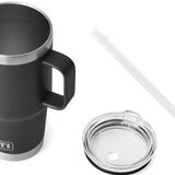 Yeti Rambler - 25 oz. straw mug with a clear plastic lid and straw.