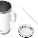 Yeti Rambler 25 oz. Straw Mug - A white plastic straw is inserted into a clear, screw-top lid of a large, insulated tumbler with a handle on one side and "YETI" printed in gray letters at the bottom.