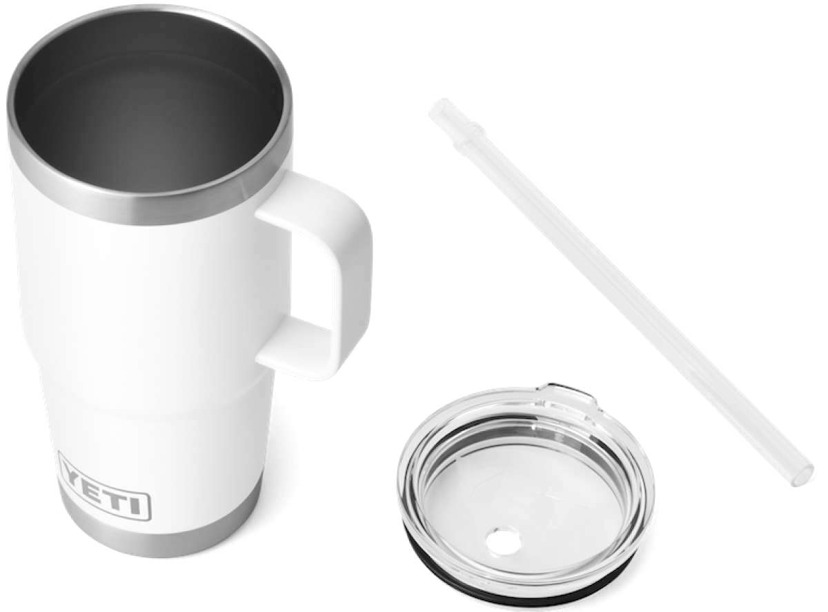Yeti Rambler 25 oz. Straw Mug - A white plastic straw is inserted into a clear, screw-top lid of a large, insulated tumbler with a handle on one side and "YETI" printed in gray letters at the bottom.