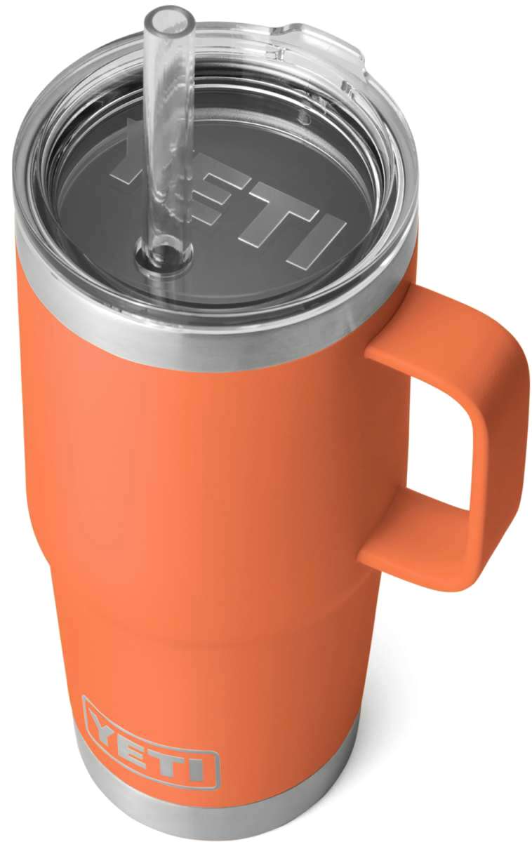 Yeti Rambler 25 oz. Straw Mug - A stainless steel tumbler with a clear plastic straw and lid, featuring a silver-colored rim around the top.
