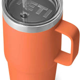 Yeti Rambler 25 oz. Straw Mug - A stainless steel tumbler with a clear plastic straw and lid, featuring a silver-colored rim around the top.