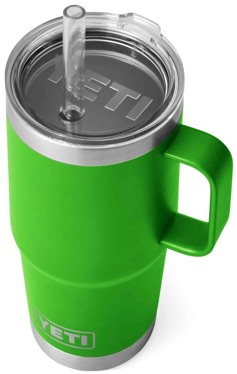 Yeti Rambler 25 oz. Straw Mug - A stainless steel tumbler with a clear plastic straw and lid, featuring a silver-colored rim around the top.