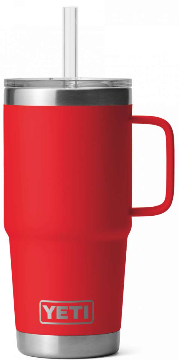 Yeti Rambler 25 oz. Straw Mug - A red insulated tumbler with a clear plastic straw and silver lid.