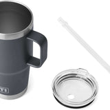 Yeti Rambler 25 oz. Straw Mug - A dark-colored, insulated tumbler with a built-in straw and handle.