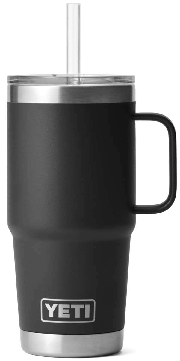 Yeti Rambler 25 oz. Straw Mug - A dark-colored, insulated tumbler with a built-in straw and lid.
