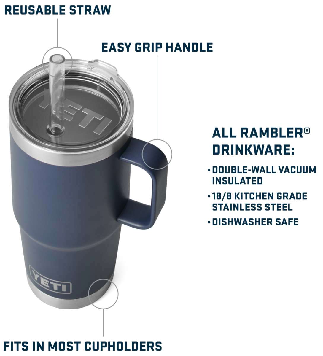 Yeti Rambler 25 oz. Straw Mug - A stainless steel tumbler with a clear plastic straw and lid, featuring a navy blue color.