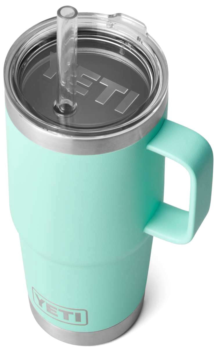 Yeti Rambler 25 oz. Straw Mug - A stainless steel tumbler with a clear plastic straw and lid, featuring a silver-colored finish.