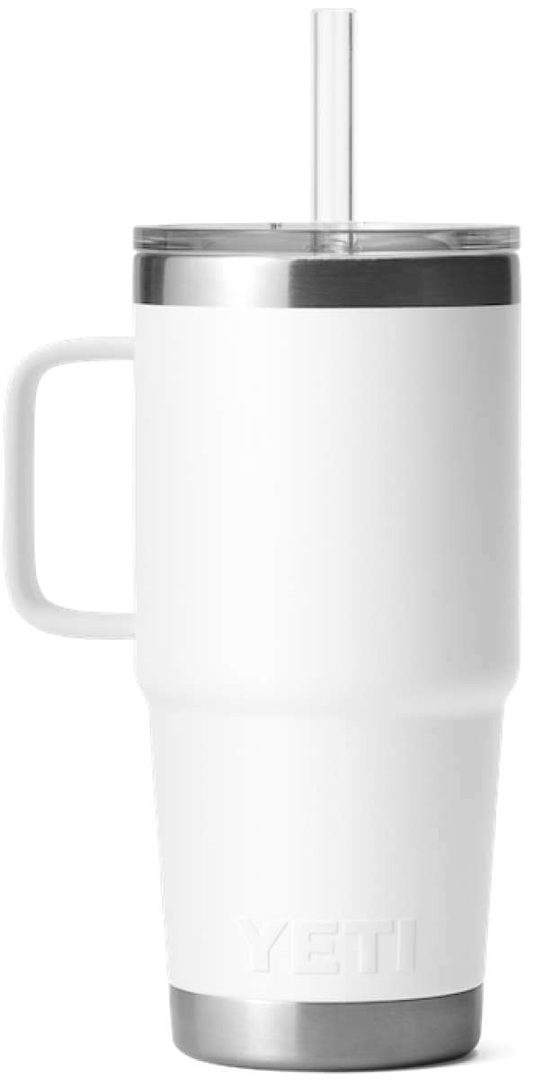 Yeti Rambler 25 oz. Straw Mug - A white, insulated tumbler with a clear plastic straw and lid.