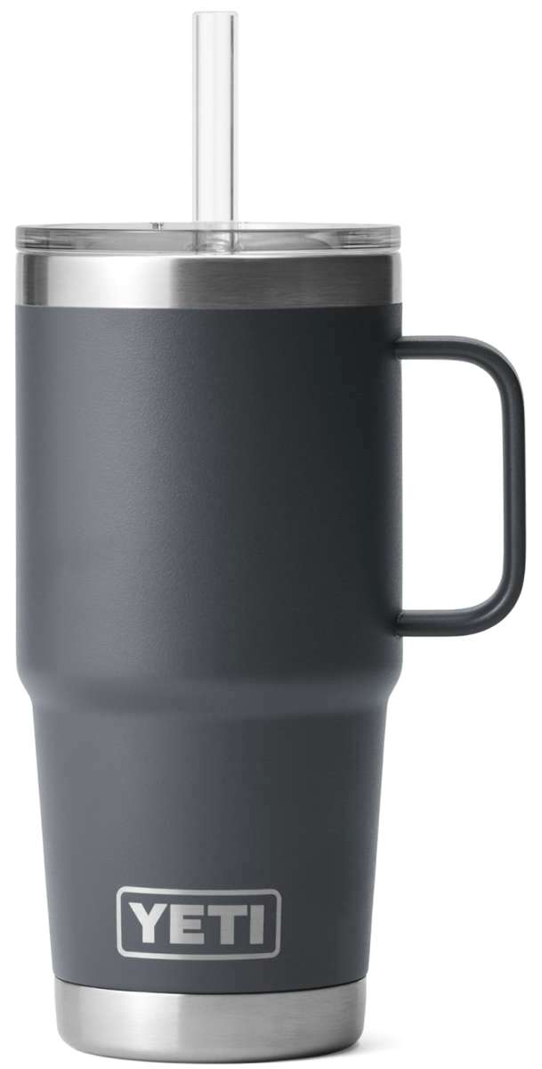 Yeti Rambler 25 oz. Straw Mug - A dark-colored, insulated tumbler with a built-in straw and lid.
