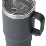 Yeti Rambler 25 oz. Straw Mug - A dark-colored tumbler with a clear plastic straw protruding from its lid.