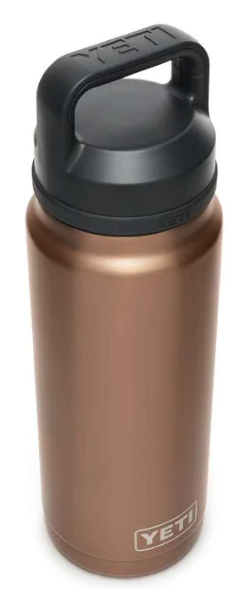 Yeti Rambler 26 oz. Bottle With Chug Cap - A stainless steel water bottle with a black chug cap and handle on top.