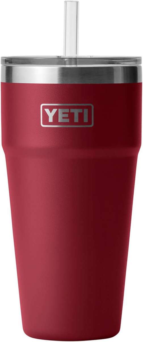 Yeti Rambler 26 oz. Straw Cup - A red insulated tumbler with a clear plastic straw protruding from its lid.