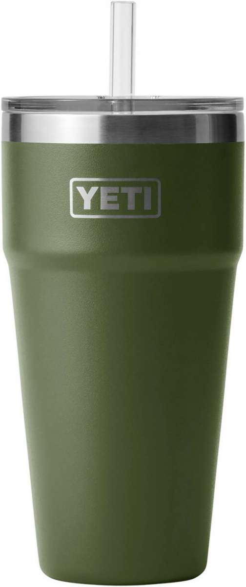Yeti Rambler 26 oz. Straw Cup - A green insulated tumbler with a clear plastic straw protruding from its lid.