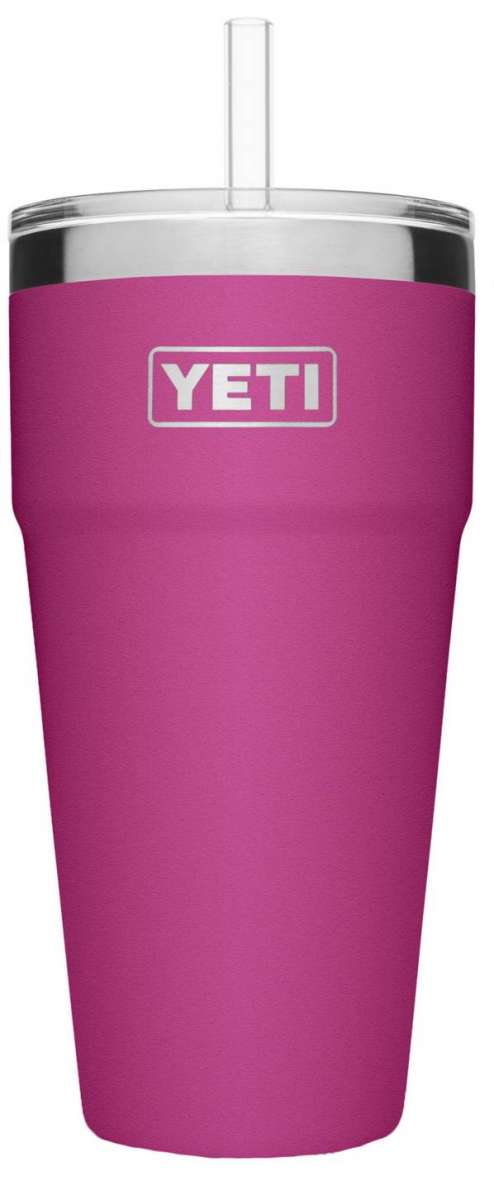 Yeti Rambler 26 oz. Straw Cup - A pink Yeti tumbler with a clear plastic straw and silver rim.