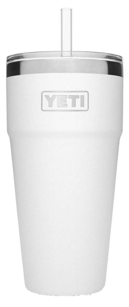 Yeti Rambler 26 oz. Straw Cup - A white insulated tumbler with a clear plastic straw protruding from its lid.