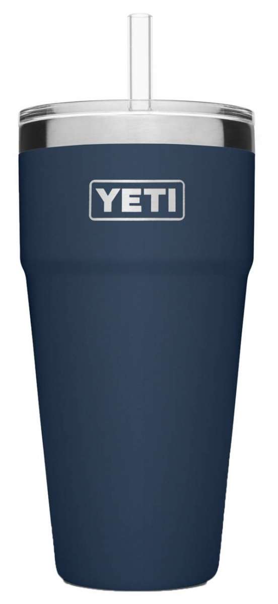 Yeti Rambler 26 oz. Straw Cup - A navy blue insulated tumbler with a clear plastic straw and lid.