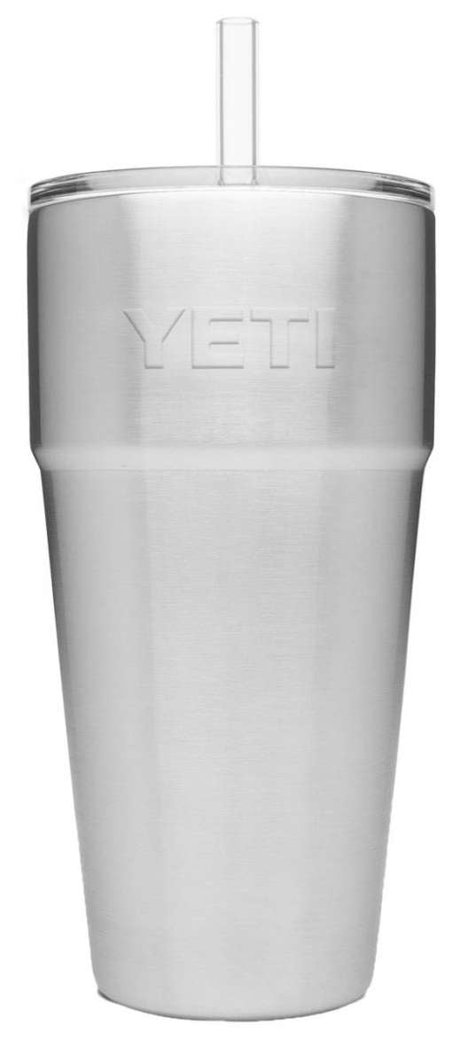 Yeti Rambler 26 oz. Straw Cup - A stainless steel tumbler with a clear plastic straw and lid.