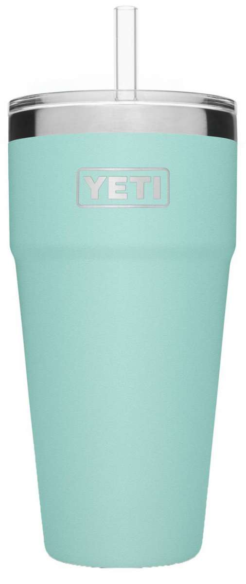 Yeti Rambler 26 oz. Straw Cup - A light blue insulated tumbler with a clear plastic straw protruding from its lid.