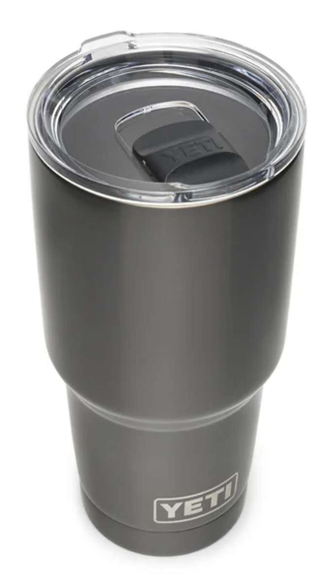 Yeti Rambler 30 oz. Tumbler with Magslider Lid - A stainless steel tumbler with a clear lid and a black handle on top.