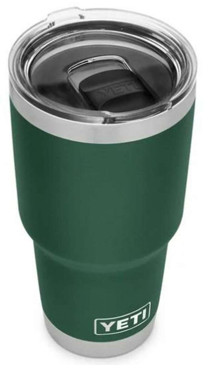 Yeti Rambler 30 oz. Tumbler with Magslider Lid - A stainless steel tumbler with a silver lid and a sliding closure mechanism on top.