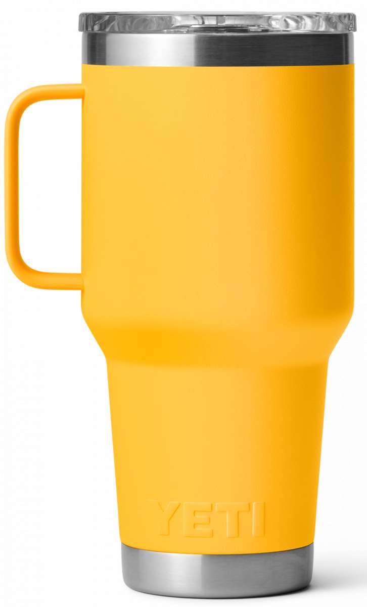 Yeti Rambler - 30 oz. Travel Mug is a stainless steel tumbler with a clear lid and a handle on the side.