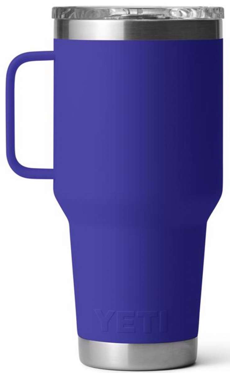 Yeti Rambler - 30 oz. travel mug with a clear lid and handle on the left side.