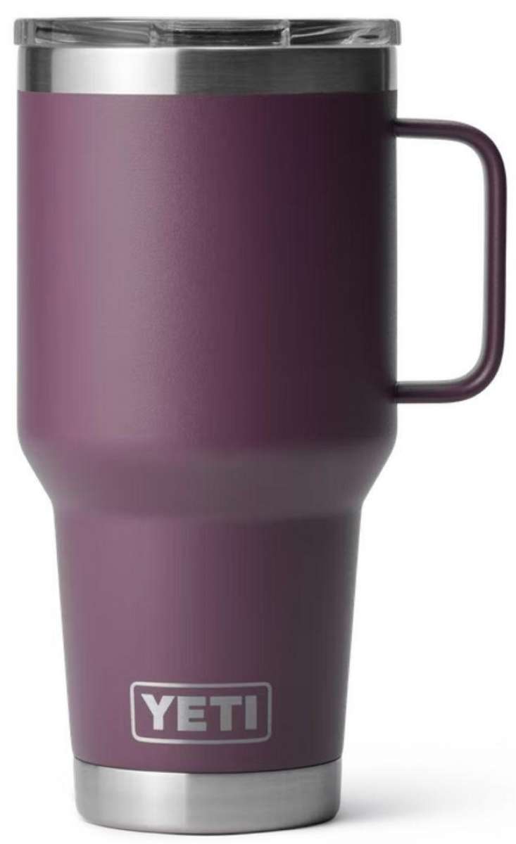 Yeti Rambler - 30 oz. Travel Mug is a large, insulated tumbler with a screw-on lid and handle.
