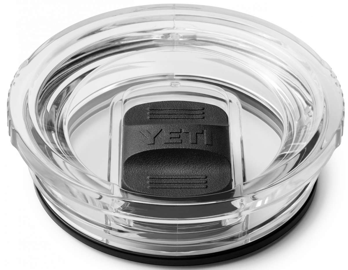 Yeti Rambler 30 oz. Travel Mug - A clear plastic travel mug with a black lid and handle, featuring a textured pattern on the body.