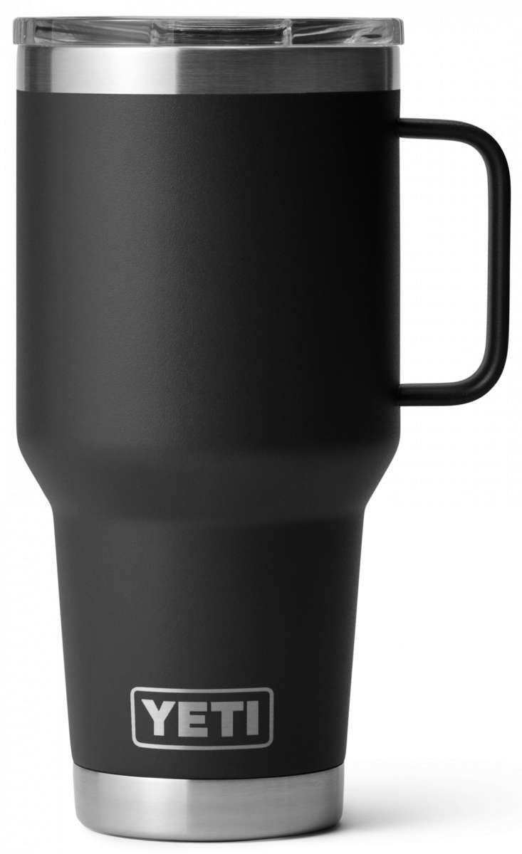Yeti Rambler 30 oz. Travel Mug - A stainless steel travel mug with a clear lid and a handle on the right side.